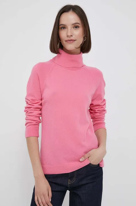 United Colors of Benetton sweter z domieszką wełny kolor różowy z golfem