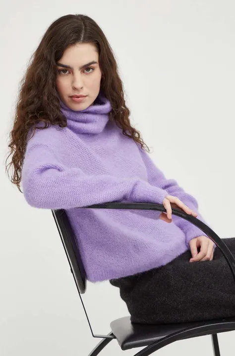 American Vintage sweter wełniany damski kolor fioletowy ciepły z golfem