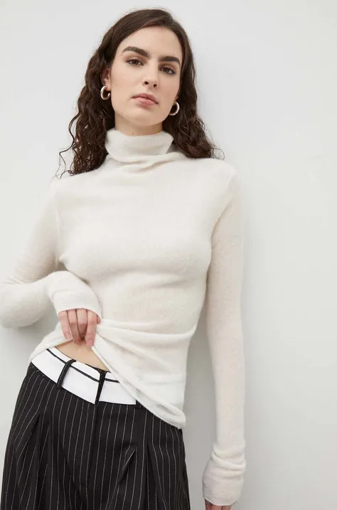 Vuneni pulover American Vintage za žene, boja: bež, lagani, s dolčevitom