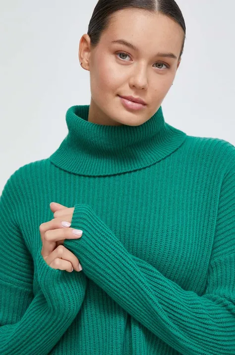 Шерстяной свитер United Colors of Benetton женский цвет зелёный лёгкий с гольфом