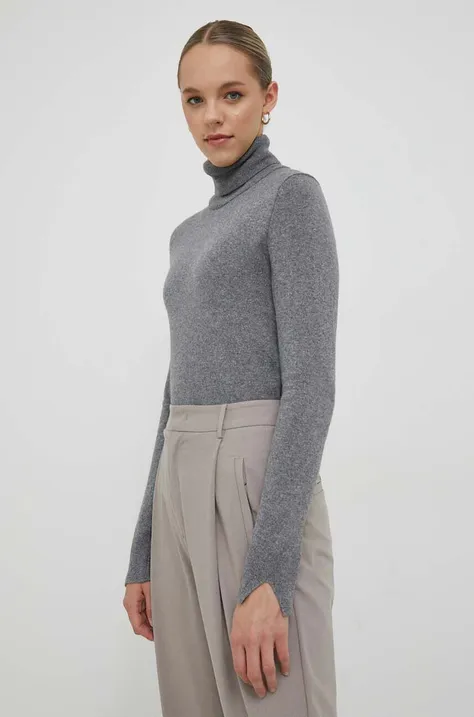 Pulover s dodatkom vune Sisley za žene, boja: siva, lagani, s dolčevitom