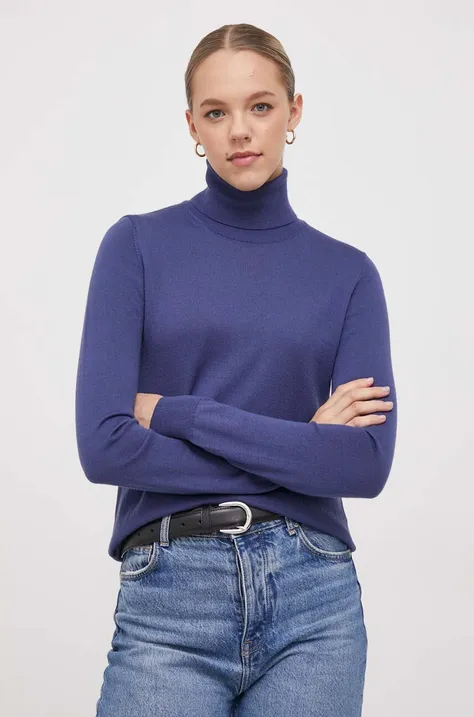 Sisley sweter wełniany damski kolor niebieski lekki z golfem