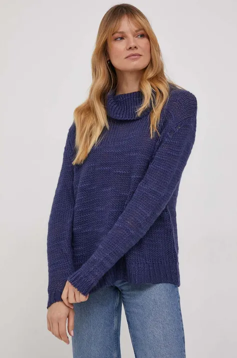 Sisley sweter z domieszką wełny damski kolor niebieski z golfem