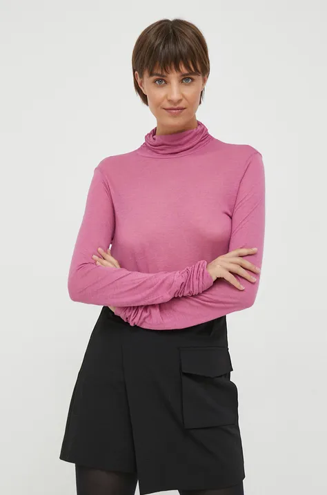 Majica dugih rukava s dodatkom vune Sisley boja: ružičasta, s dolčevitom