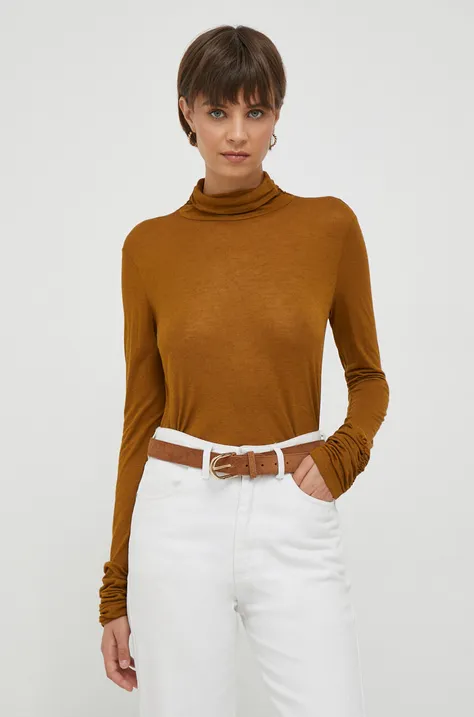Tričko s dlhým rukávom s prímesou vlny Sisley hnedá farba, s rolákom