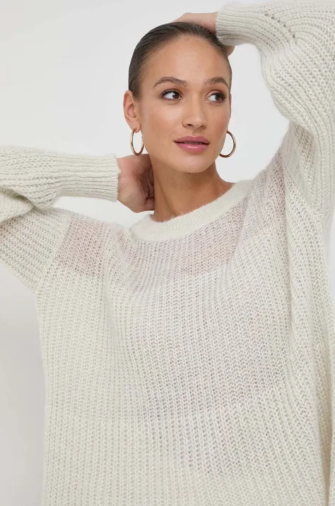 Vuneni pulover BOSS za žene, boja: bež, lagani