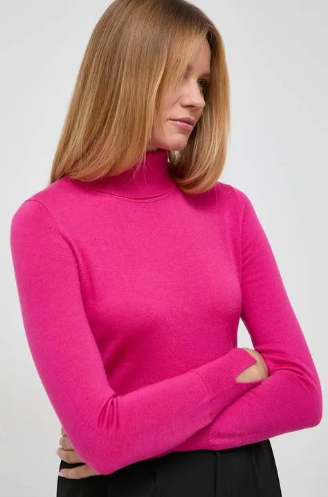 BOSS sweter wełniany damski kolor różowy lekki z golfem