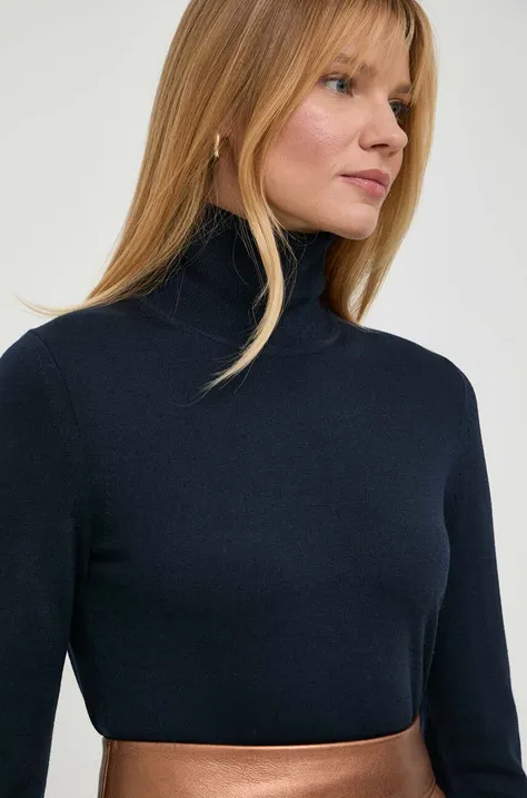 BOSS sweter wełniany damski kolor niebieski lekki z golfem