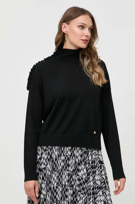 Pinko sweter wełniany damski kolor czarny lekki z półgolfem