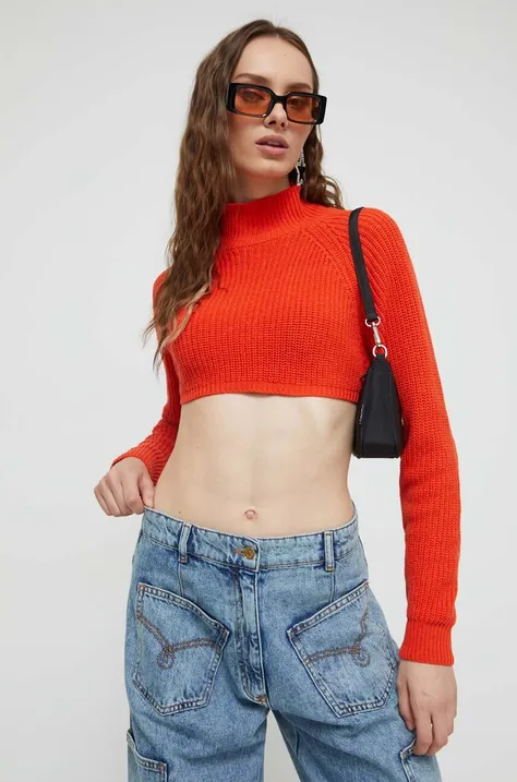 Moschino Jeans sweter z domieszką kaszmiru kolor pomarańczowy z półgolfem