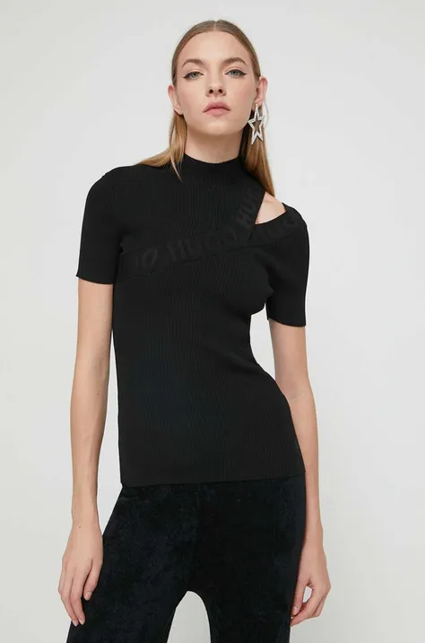 HUGO t-shirt női, félgarbó nyakú, fekete