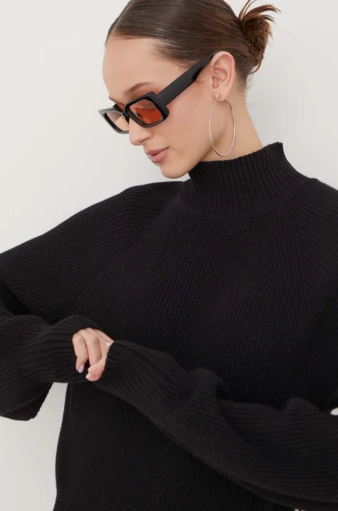 HUGO gyapjúkeverék pulóver könnyű, női, fekete, garbónyakú
