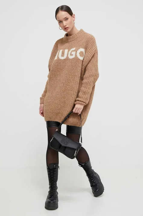 Vlnený sveter HUGO dámsky, hnedá farba, teplý