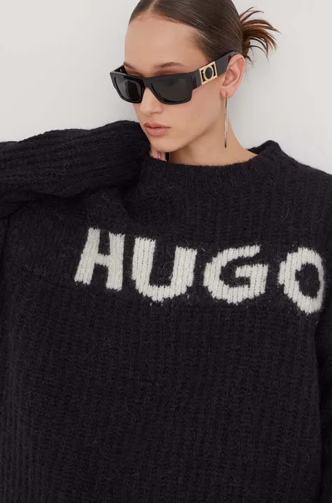 Vlnený sveter HUGO dámsky, čierna farba, teplý