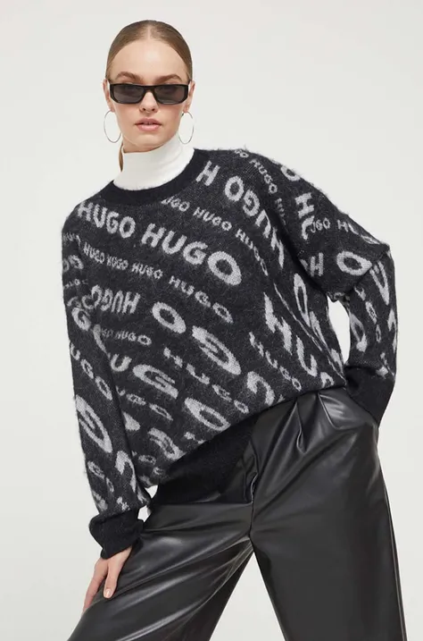 HUGO sweter z domieszką wełny damski kolor czarny lekki