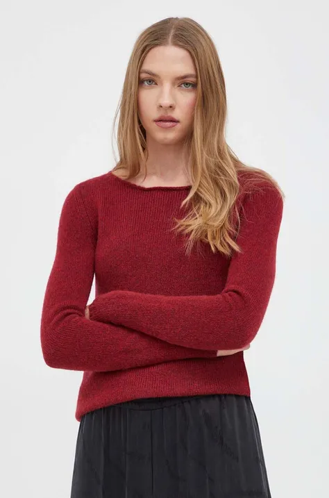 HUGO sweter wełniany damski kolor bordowy lekki