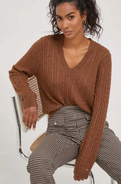 Vuneni pulover Tommy Hilfiger za žene, boja: smeđa, lagani
