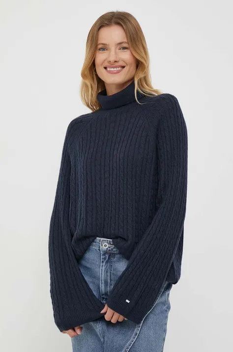 Volnen pulover Tommy Hilfiger ženski, mornarsko modra barva