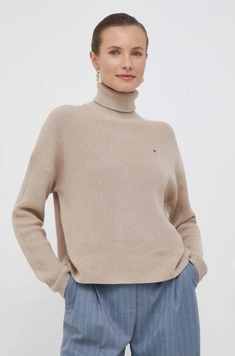 Bavlnený sveter Tommy Hilfiger béžová farba, s rolákom