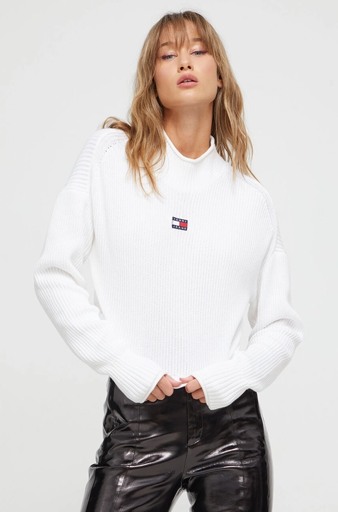 Tommy Jeans pulover de bumbac culoarea alb, light, cu turtleneck DW0DW16519