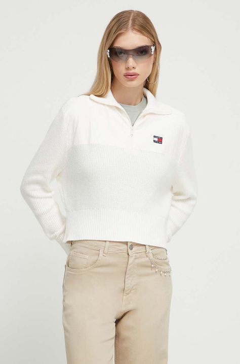 Tommy Jeans pulover femei, culoarea bej, cu turtleneck