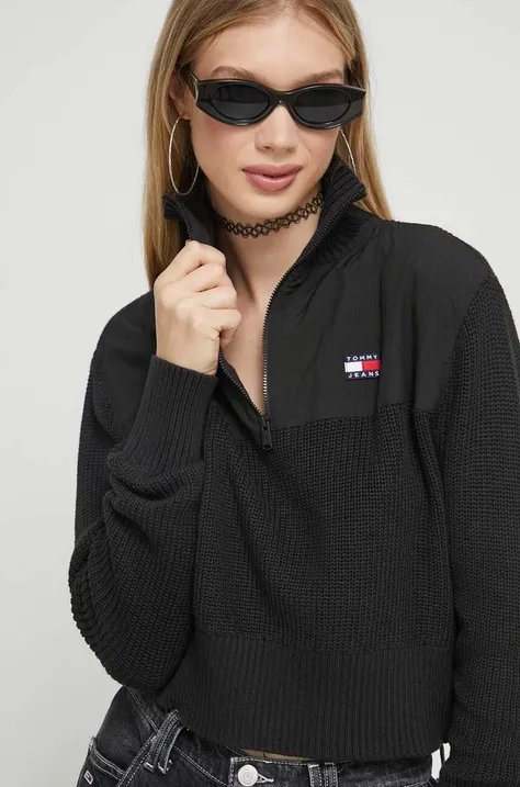 Tommy Jeans pulóver női, fekete, félgarbó nyakú