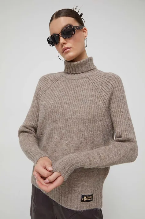 Пуловер с вълна Superdry дамски в бежово с поло