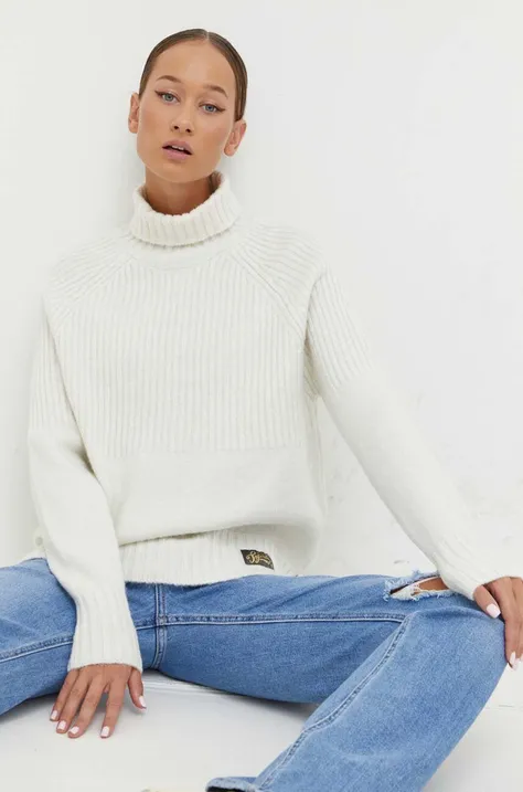 Superdry sweter z domieszką wełny damski kolor biały z golfem