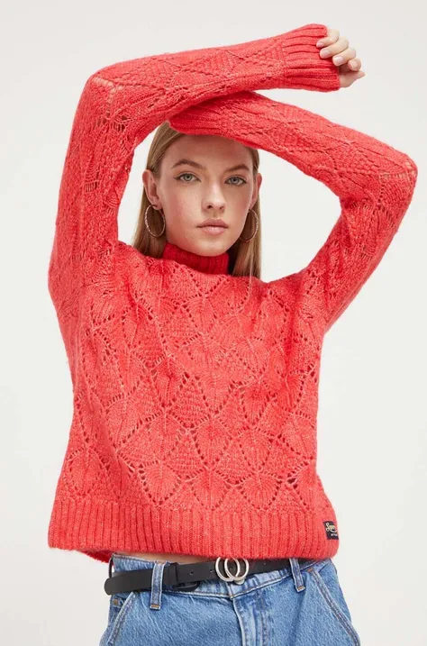 Пуловер с вълна Superdry дамски в оранжево с ниско поло
