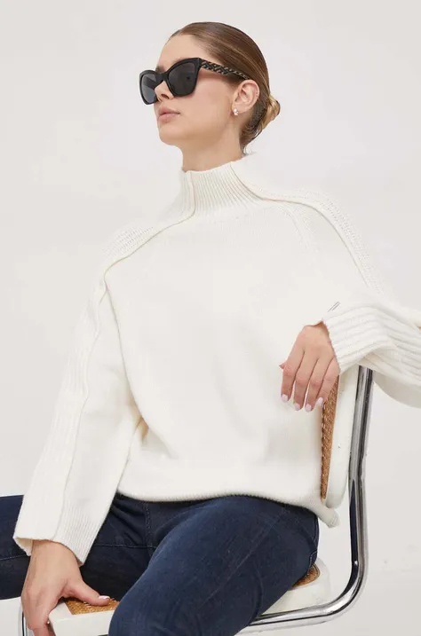 Calvin Klein pulover de lana femei, culoarea bej, cu turtleneck