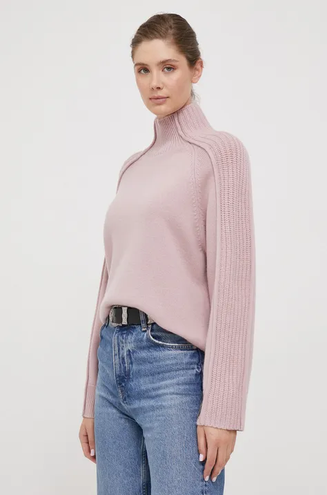 Calvin Klein sweter wełniany damski kolor różowy z półgolfem