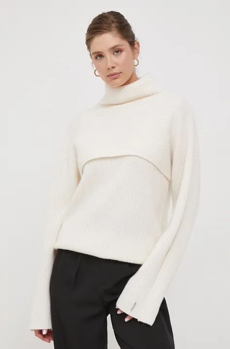 Vlnený sveter Calvin Klein dámsky, béžová farba, teplý, s rolákom