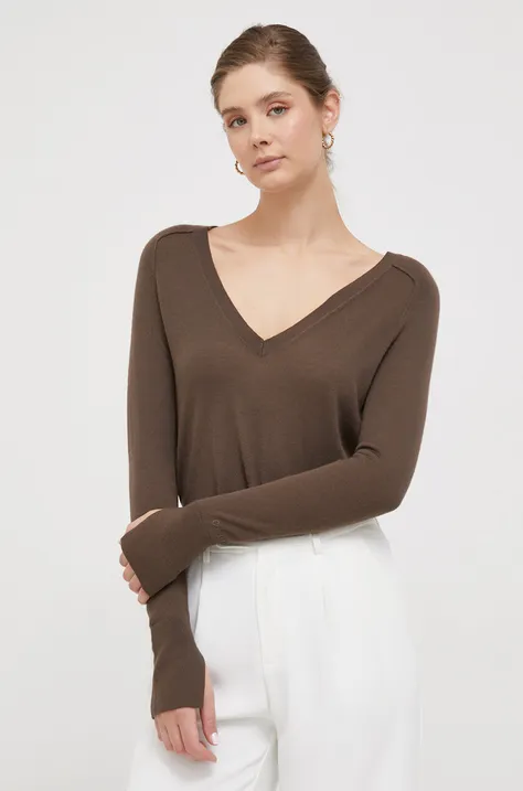 Vlněný svetr Calvin Klein dámský, hnědá barva, lehký