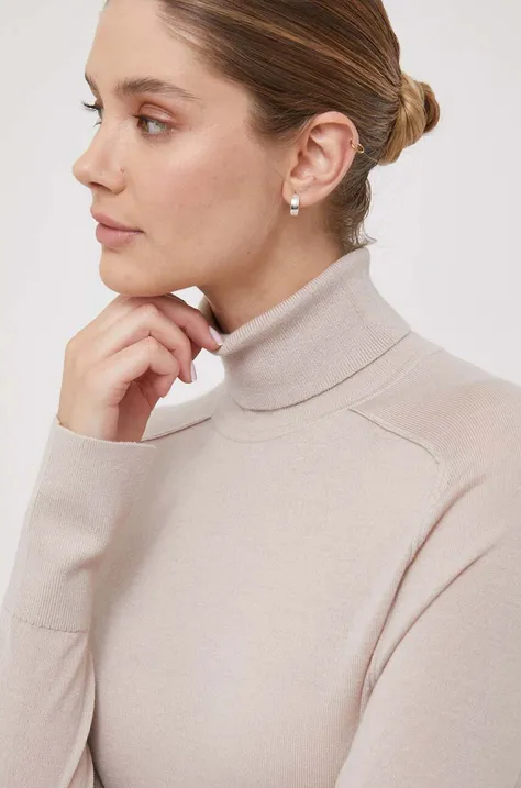 Vuneni pulover Calvin Klein za žene, boja: bež, lagani, s dolčevitom