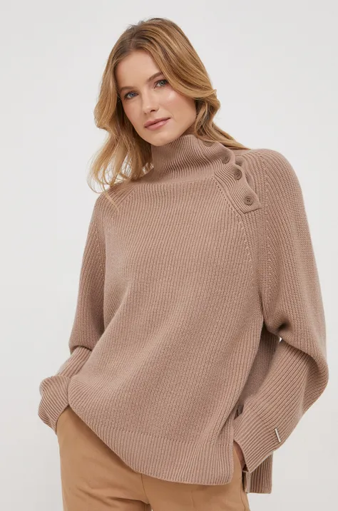 Vlnený sveter Calvin Klein dámsky, béžová farba, teplý, s polorolákom