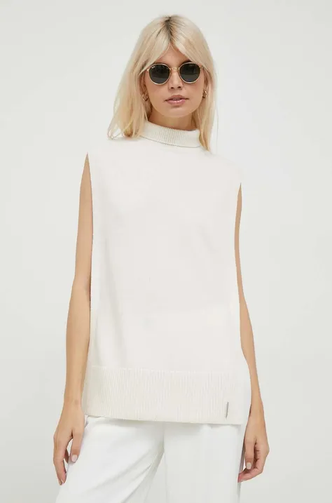 Vlněná vesta Calvin Klein béžová barva, s golfem