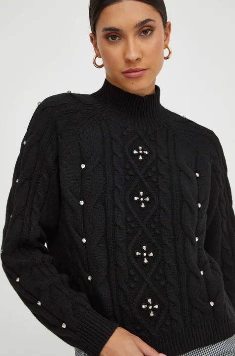 Twinset gyapjúkeverék pulóver női, fekete, félgarbó nyakú