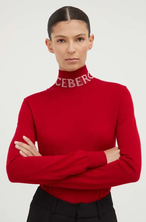 Vuneni pulover Iceberg za žene, boja: crvena, lagani, s dolčevitom