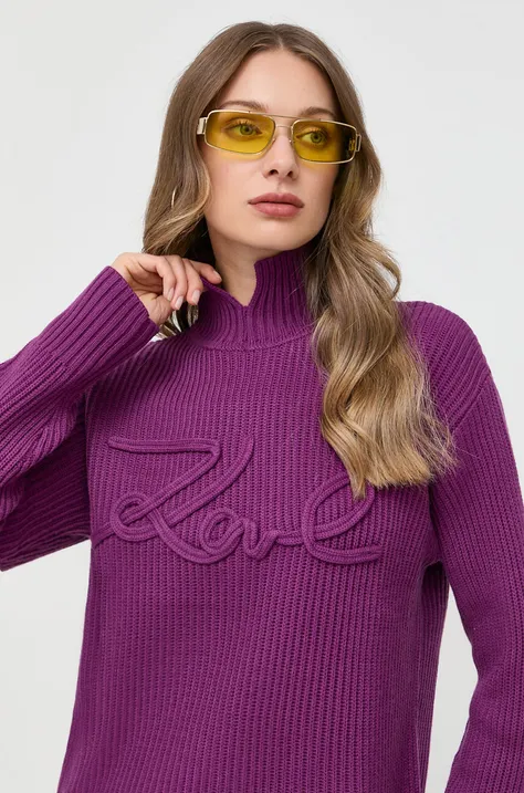 Karl Lagerfeld sweter wełniany damski kolor fioletowy z golfem