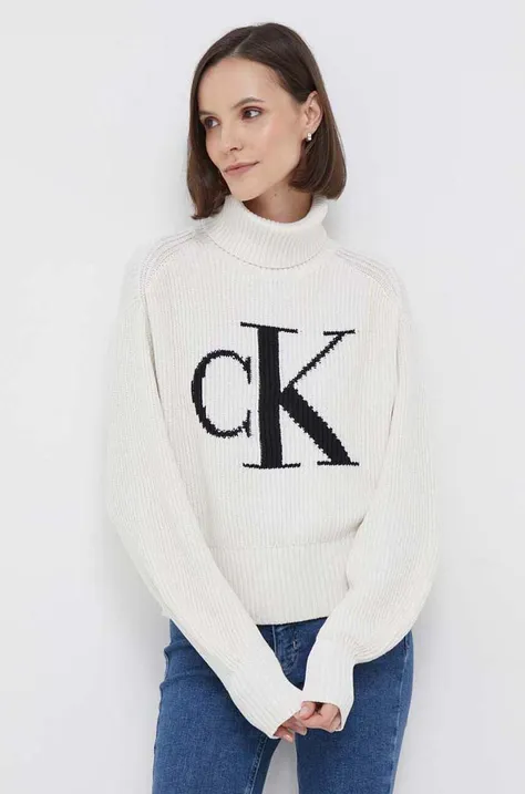 Bavlnený sveter Calvin Klein Jeans béžová farba, tenký, s rolákom