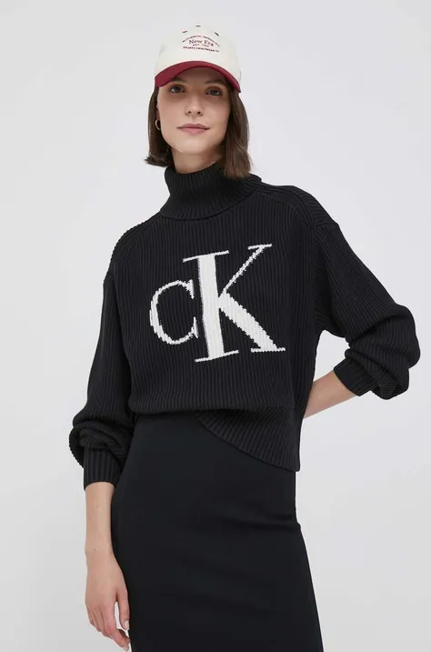 Bavlnený sveter Calvin Klein Jeans čierna farba, tenký, s rolákom