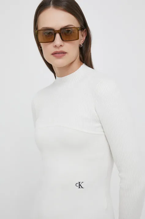 Calvin Klein Jeans sweter damski kolor beżowy lekki z półgolfem