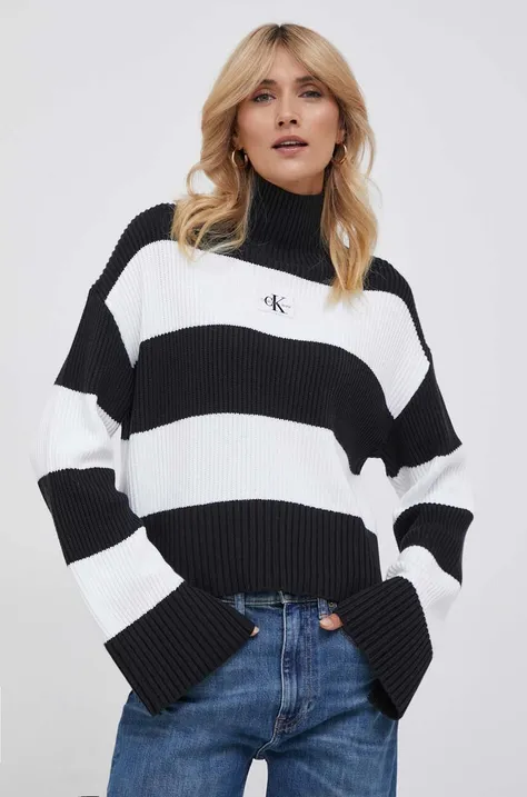 Calvin Klein Jeans sweter bawełniany kolor czarny ciepły z golfem