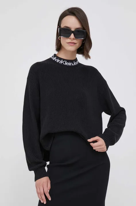 Calvin Klein Jeans pamut pulóver fekete, félgarbó nyakú
