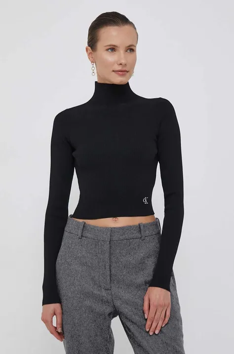 Calvin Klein Jeans pulover femei, culoarea negru, light, cu guler