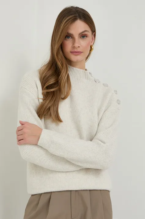 Morgan sweter z domieszką wełny damski kolor beżowy ciepły z półgolfem