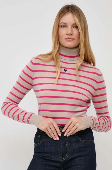 MAX&Co. sweter wełniany damski kolor beżowy lekki z golfem