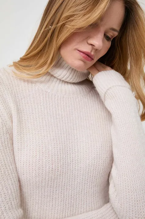 Morgan sweter z domieszką wełny damski kolor beżowy ciepły z golfem