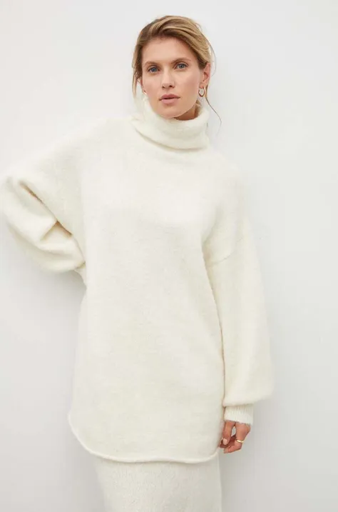 Gestuz pulover de lana femei, culoarea bej, călduros, cu guler