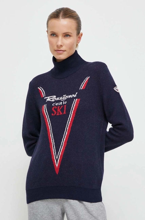 Rossignol pulover de lana femei, culoarea albastru marin, cu turtleneck